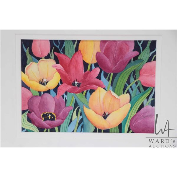 Doris Magnus, framed original watercolour still-life tulips, 7" X 10"