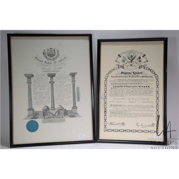 Two framed vintage Masonic membership document including 19" X 14 1/2" 1960 and 18" X 12" dated 1964