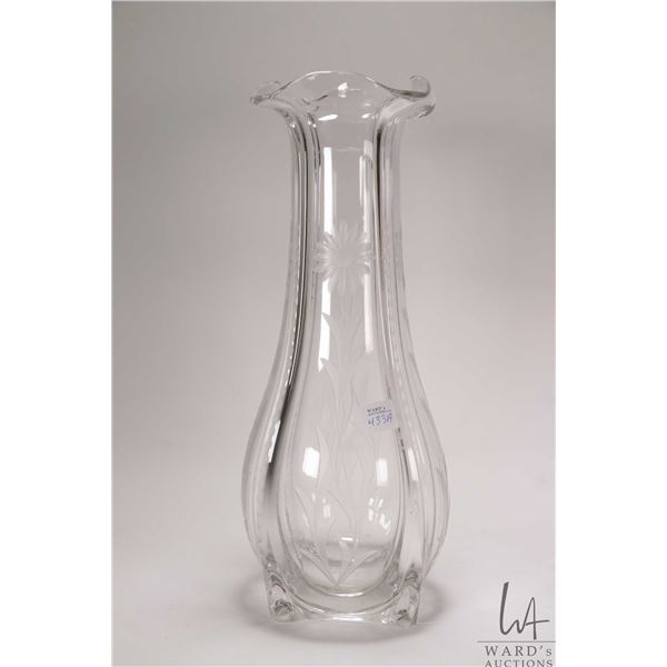 Vintage etched crystal trumpet vase with etched daisy decoration, 14" in height