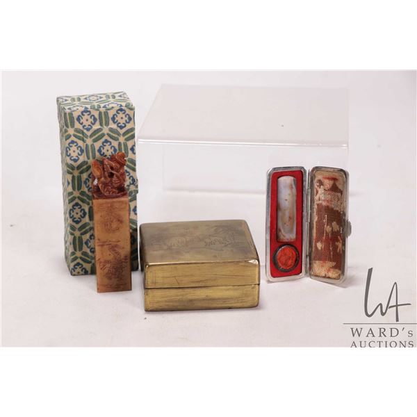 Selection of Asian collectibles including yellow soapstone stamp in presentation box, stone stamp wi