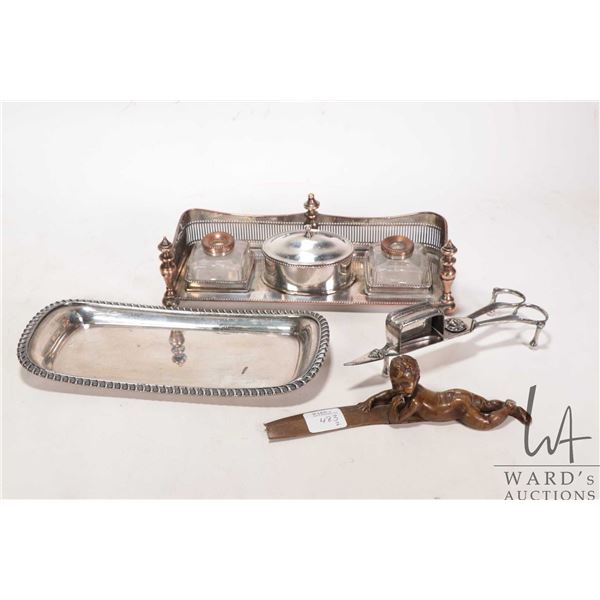 Antique silverplate inkstand with original double glass inkwells and center lidded sander box, note: