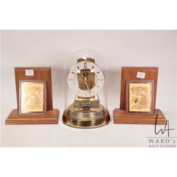 Vintage Kundo anniversary style clock with glass dome, working at time of cataloguing and a pair of 