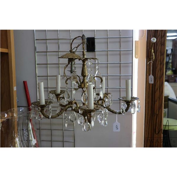Vintage five branch brass hanging chandelier with glass lustres