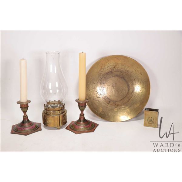 Selection of vintage and collectible Asian brass including a pair of painted Indian brass candlestic