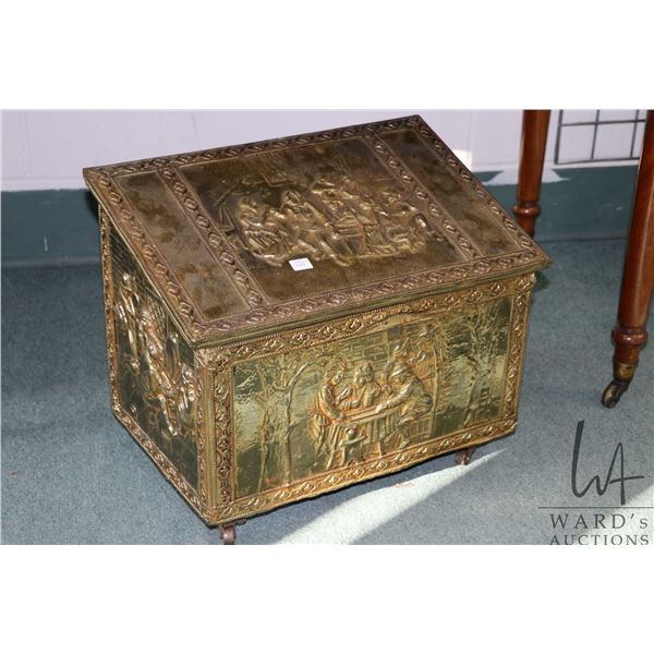 Vintage bas relief wood box on castors 16 1/2'" H X 20" W X 13"D