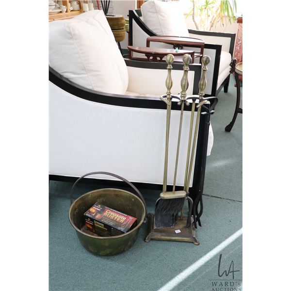 Three piece brass fireside companion set, plus a pair of fire tongs and a brass 14" diameter jelly p