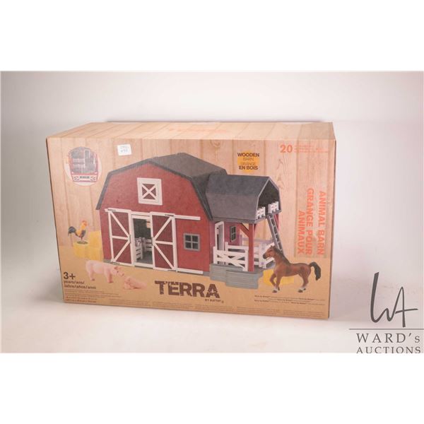 Boxed Terra wooden animal barn with animals and accessories, appears new in box