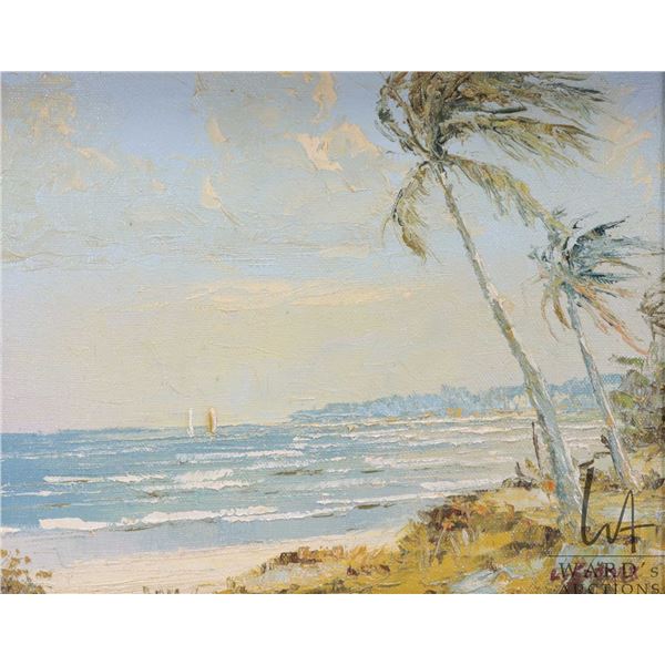 L. Somner, framed oil painting of a tropical beach 7 3/4" X 9 1/2"