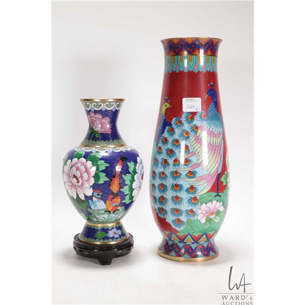 Two vintage Japanese cloisonne vases including peacock motif 12" baluster vase and an 8" vase