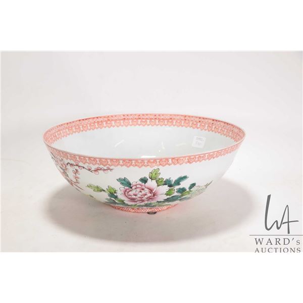 Delicate egg shell porcelain, handpainted Chinese famille rose bowl with floral and bird motif, 12" 