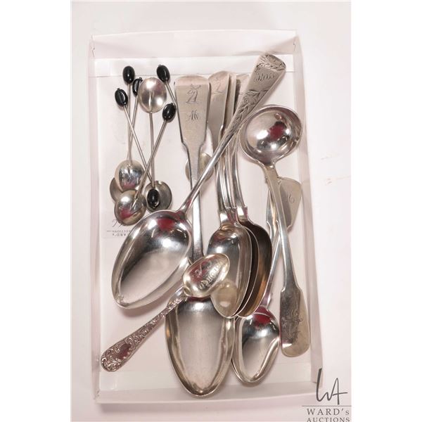Eight sterling silver spoons including engraved serving spoons, engraved fiddle spoon, three fiddle 