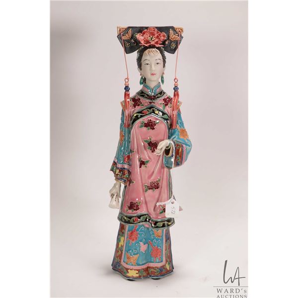 Chinese Wucai porcelain figure of a Qing Dynasty n woman, 14" in height
