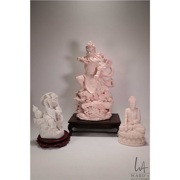 Selection of Asian porcelain figures including 18" Guan Yu on wooden plinth, note: hair line crack t