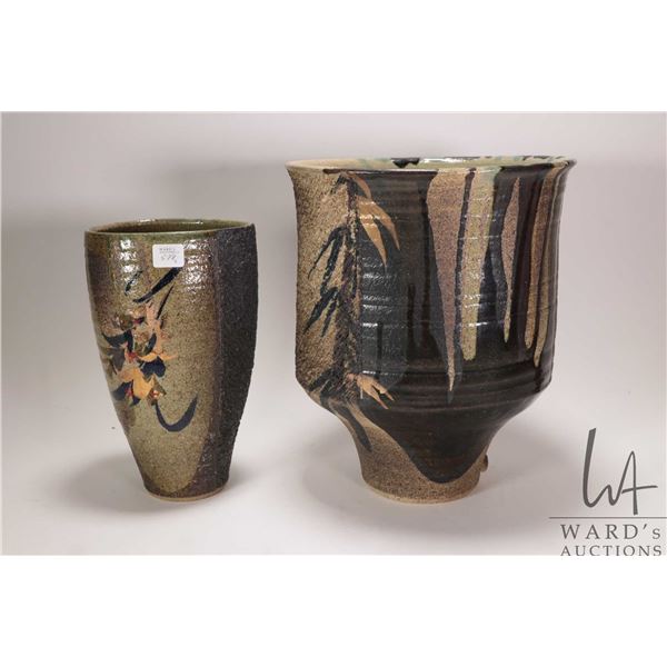Two artisan made glazed pottery vases, each signed including 12" and 10"