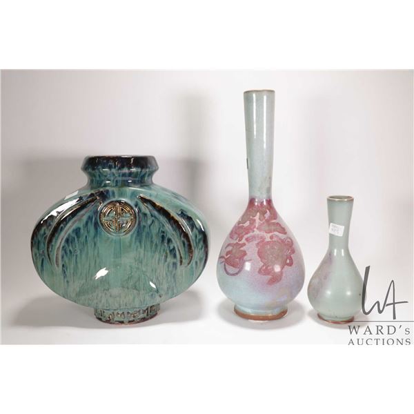 Three pieces of glazed pottery including 16 1/2" vase, 9" vase and a 12" vase
