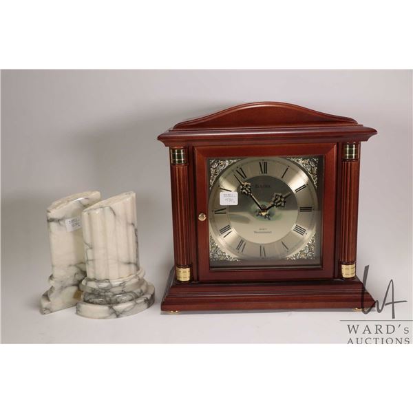 Bulova quartz mantle clock, working a time of cataloguing and a pair of Greek column alabaster booke