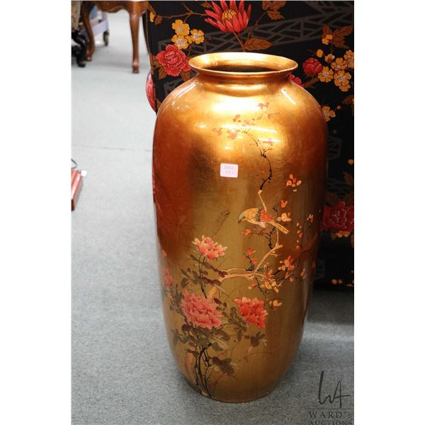 Large gold gilt Chinoserie style vase with decorative peony flowers and bird motif, 24" in height