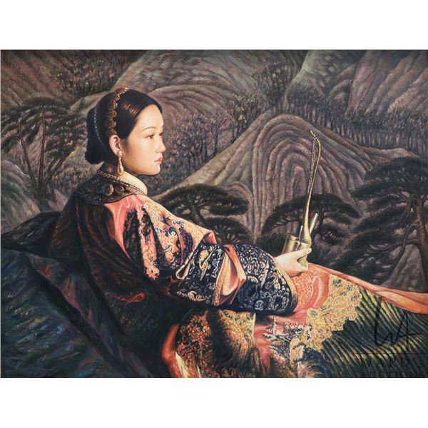 Framed oil on canvas painting of a court lady, no artist signature seen, 30" X 40" and includes orig