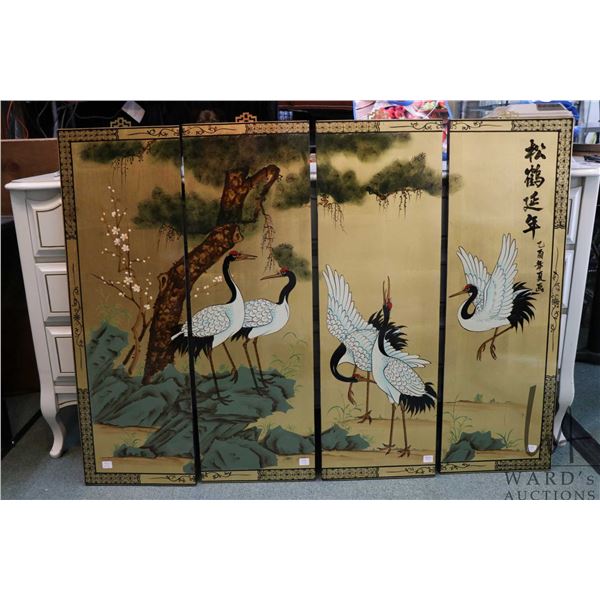 Four pieces hand painted panel featuring Orieintal cranes, each panel 36" X 12"