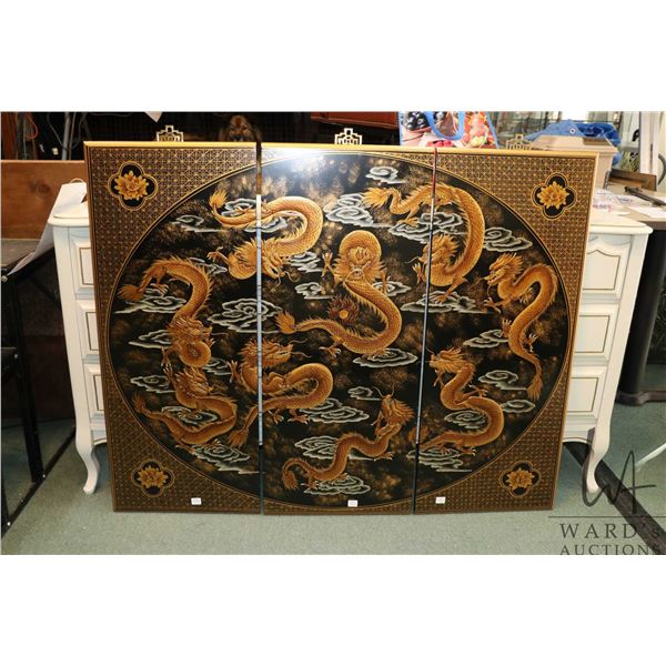 Three piece hand painted nine dragon and pearl motif wall panel, each panel 38" X 16" and includes o