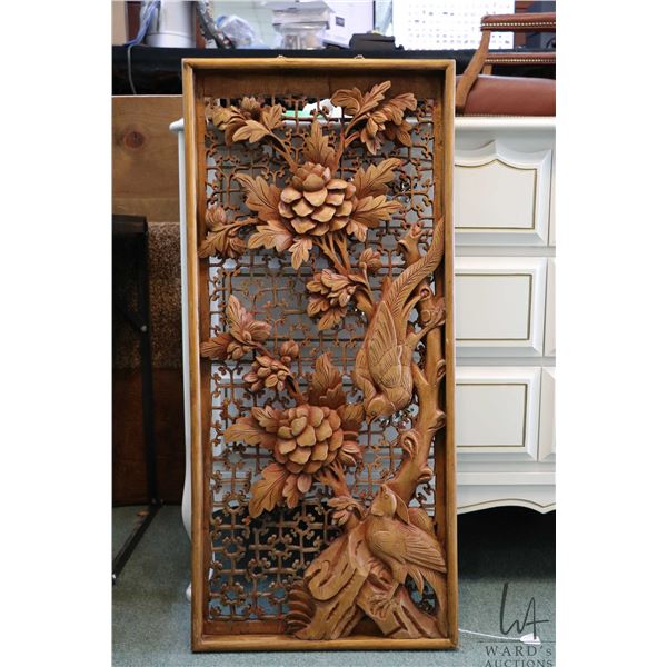 Hand carved camphor wood peonies and bird of paradise panel, overall dimensions 34" X 15 1/2"