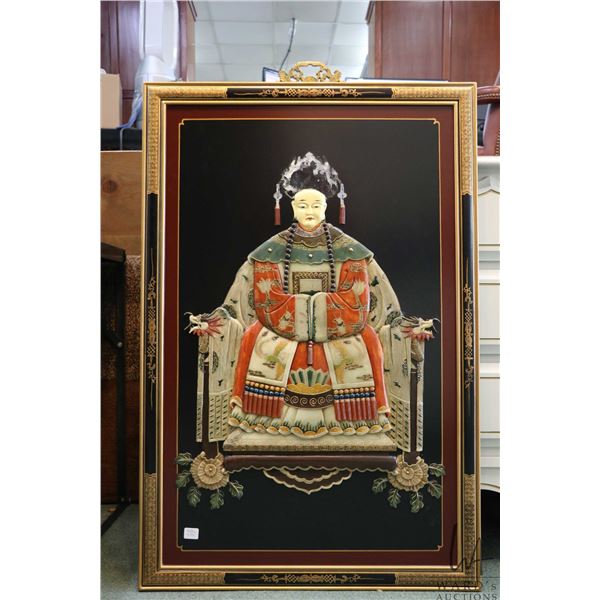 Chinese hardstone 3d relief panel featuring figure in imperial robes, overall dimensions, 36" X 24" 