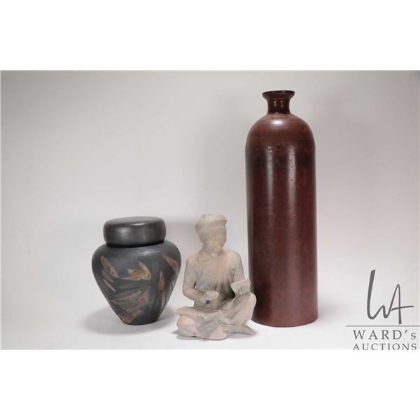 Artisan made lidded clay pot, large metal 16 1/2" cae and a 8 1/2" clay scholar figure with abacus