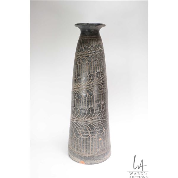 Large tapered hand carved terracotta floor vase, 24 1/2" in height