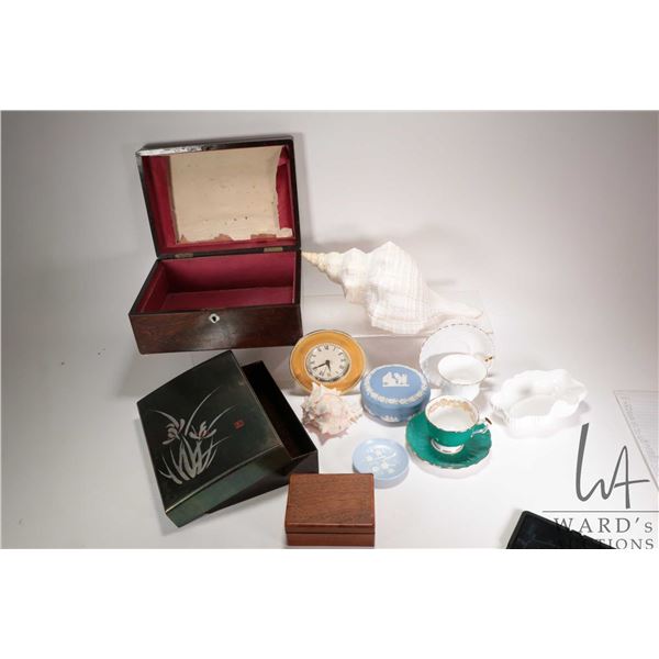 Selection of collectibles including large shells, teacups including Aynsley and Royal Albert, Coalpo