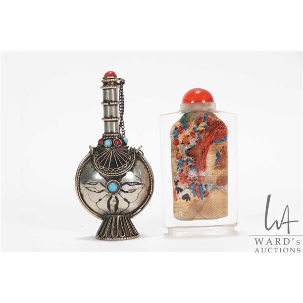Two small Asian bottles including Oriental reverse painted snuff bottle and Indian bottle with inlai