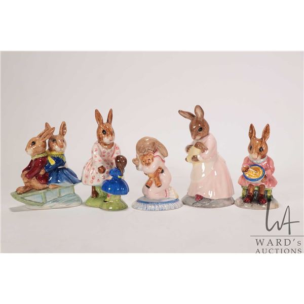 Five Royal Doulton Bunnykins figurines including Mother and Baby Bunnykins, Billie and Buntie Bunnyk