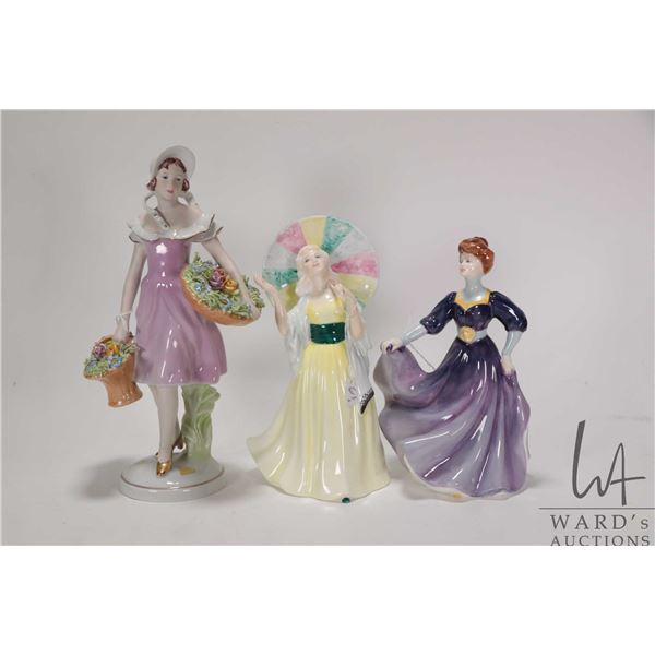 Three porcelain figurines including Royal Dux 10" in height plus Royal Doulton Jane HN2806 and Royal