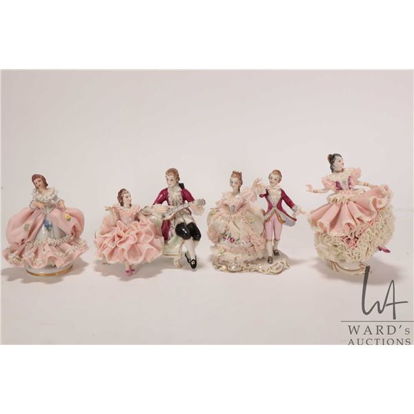 Four Dresden lace draped figurines including Irish Dresden "Minuet", "Interlude", 5" "Florisita" and