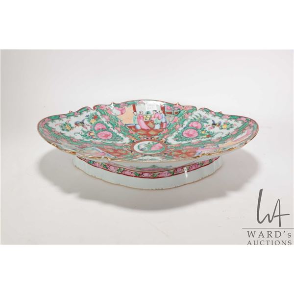 Vintage Chinese famille rose/ rose medallion porcelain serving dish with scalloped edge and hand pai