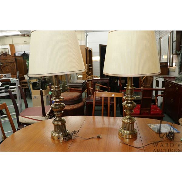 Pair of Stiffel brass table lamps with shades, 30" in height