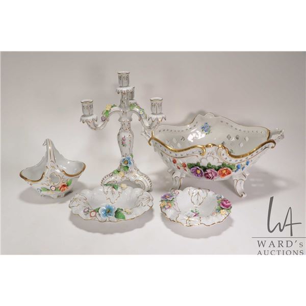 Five pieces of Dresden porcelain including handpainted reticulated center bowl 13 1/2" in diameter, 