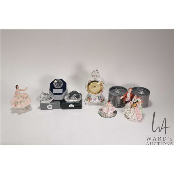Tray lot of collectible cabinet pieces including three small Dresden lace draped figurines, Swarovsk