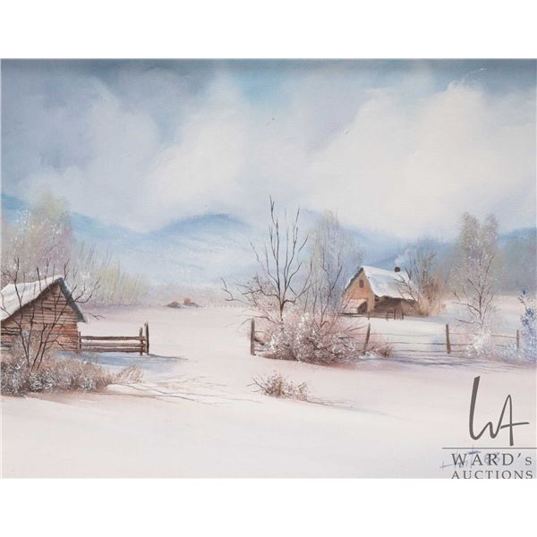 Hunt, framed acrylic on canvas painting of a snowy cabin scene, labeled on verso "Jack and Helen Hun