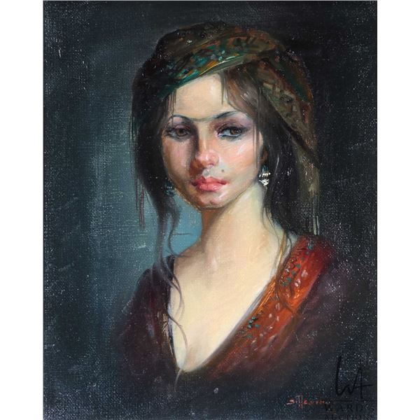Artist signed oil on canvas portrait painting of a young Bohemian woman, 9 1/2" X 7 1/4"
