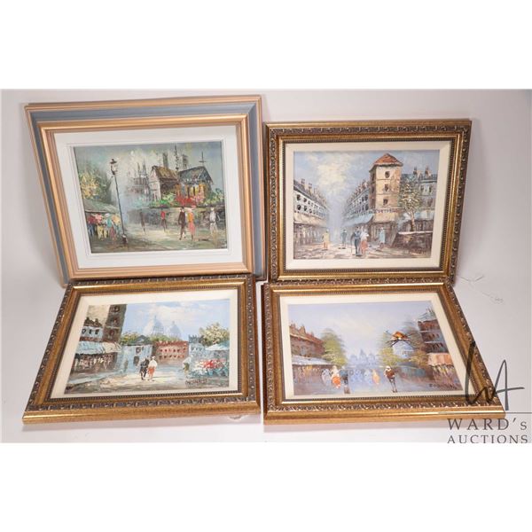 Burnett, three gitl framed original paintings of European street scenes, each 7 1/2" X 9 1/2" and an