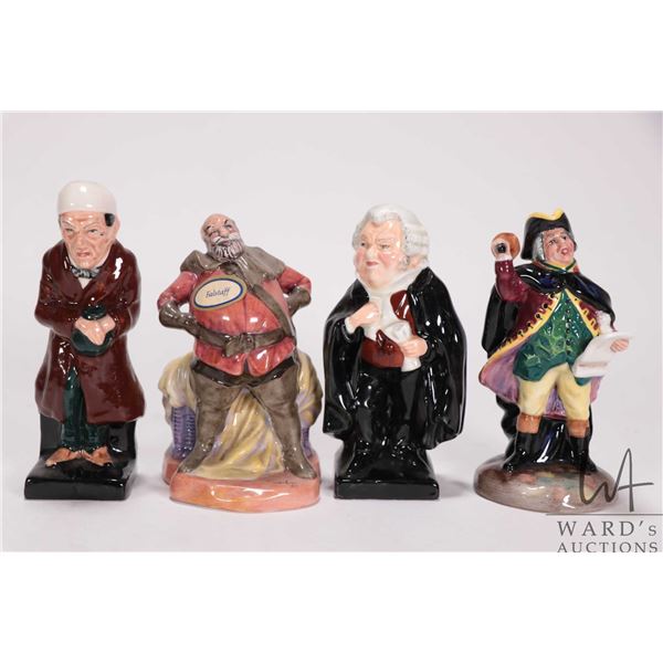 Four small Royal Doulton figurines including Town Crier HN3261, Scrooge, Buzfuz and 4" Falstaff HN32