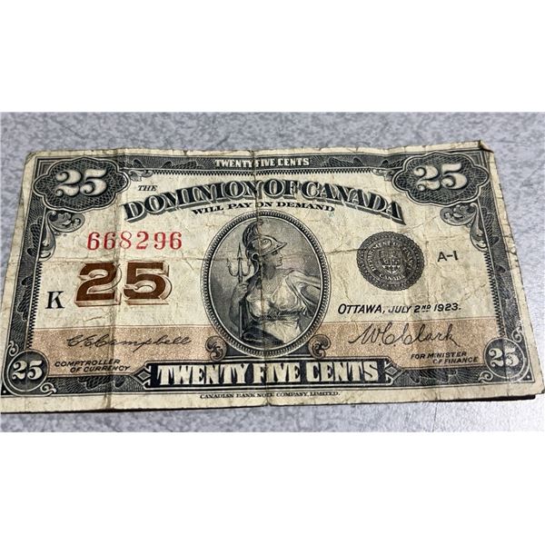 Dominion of Canada 1923 Twenty Five Cent Shinplaster Note