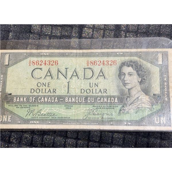 1954 Canadian One Dollar Bill, Bank of Canada, QEII, Serial 8624326
