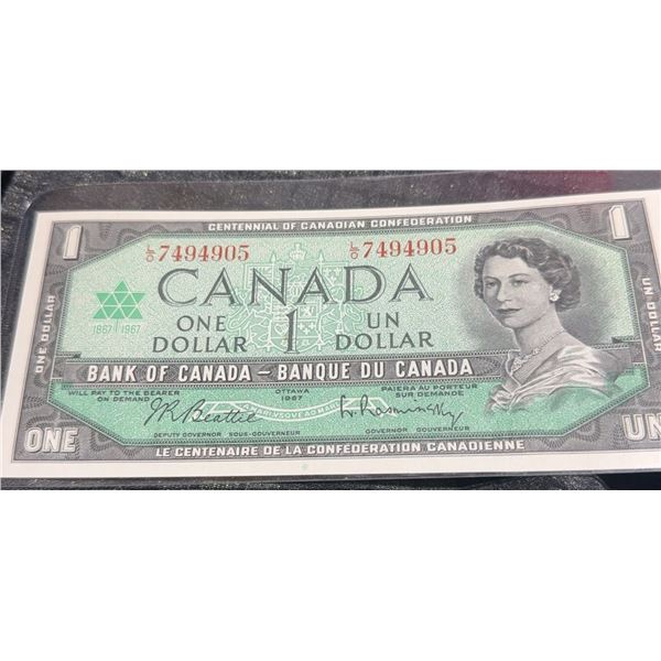 1967 Canadian Centennial $1 Dollar Banknote, Serial #7494905