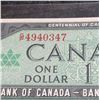 Image 2 : 1967 Bank of Canada $1 Dollar Centennial Banknote, Serial #4940347
