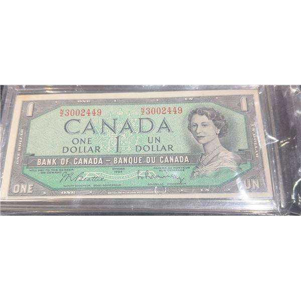 1954 Bank of Canada $1 Dollar Bill, Green, Queen Elizabeth II, Serial #3002449