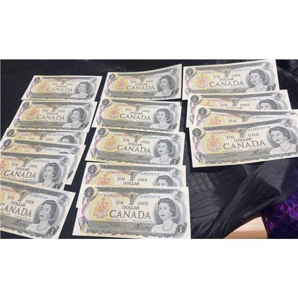 1973 Bank of Canada One Dollar Notes, 15 Consecutive ECH Serial Numbers
