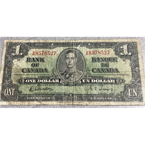 1937 Bank Of Canada $1 Bill King George VI Prefix A