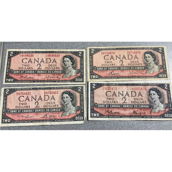 1954 Canada $2 Banknotes Lot of 4, Queen Elizabeth II