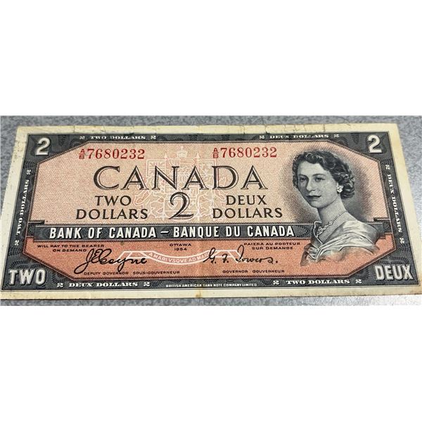 1954 Canadian $2 Banknote, Bank of Canada, Modified Portrait